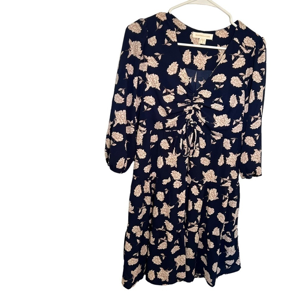 Monteau Women's Size Medium V-Neck Cinched Mini Dress Navy Blue White Tan Floral